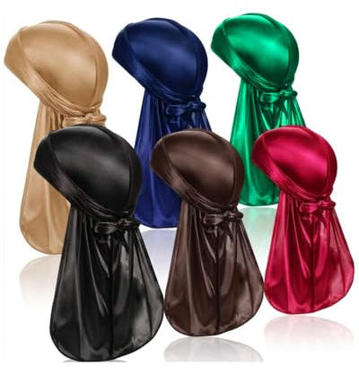 WUNZILO 6 piezas de seda para hombres Durag, bandana hombre, paquete Durags Do Rags con cola larga y correas anchas para hombres y mujeres - 6 colores