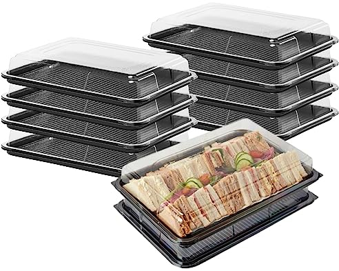 Caterline 10 Large (450mm x 310mm) Reusable Plastic Sandwich Platters & Lids. Serving Trays for Events & Catering