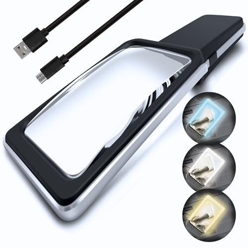 MagniPros Patented 6X Rechargeable Magnifying Glass with 3 Color Light Modes & Anti-Glare Lens - Relieve Eye Strain | Perfect for Low Vision Seniors, Macular Degeneration & Fine Print