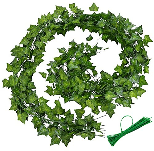EMSMIL 12Pcs x 2m Lierre Plantes Artificiel Guirlande avec 20pcs Attaches Câble Vigne Artificielle Faux Feuillage Intérieur Exterieur Retombant Decoration pour Chambre Balcon Jardin Bureau Fête