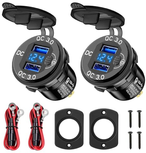 Linkstyle USB billaddningsuttag, dubbel QC3.0 USB-laddare uttag med LED voltmeter för 12 V/24 V fordon, blå 2 stycken