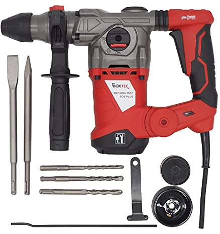 BOXTEC Bohrhammer SDS-PLUS 1500W Antivibrationsgriff und Tiefenanschlag inkl. Koffer inkl. 3 SDS-Bohrer und 2 Meißel