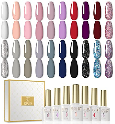 ROSALIND UV Nail Polish Set 20 Colours Gel Nail Polish Glitter UV Lacquer White Nude Pink Purple Red Grey for Nails White Nail Polish Set 6 ml