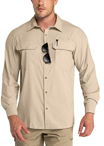 Outdoor Ventures Herren Langarm Hemd Outdoor Funktionshemd Schnelltrocknende Shirts Casual Freizeithemd Atmungsaktive Sportshemd Frühling Sommer Herbst mit Taschen für Wandern Camping Khaki L