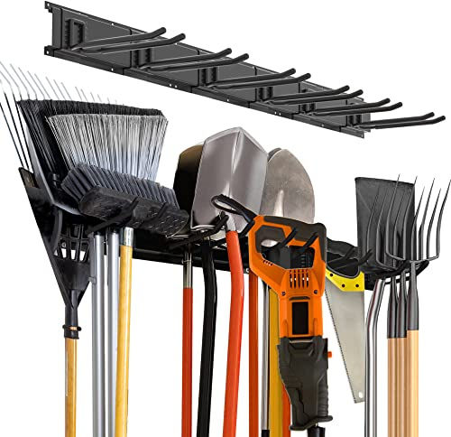 Charmount 96 Garage Storage Wall Organizer with 1200lbs, 12 Hooks Broom Holder Wall Mount, Garden Tool Organizer, Easy Installation Tool Storage to Accommodate Brooms, Hoses, Yard Tools and More