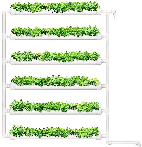 VIVOSUN Kit de cultivo hidropónico, 54 sitios de plantas, 6 tubos de PVC-U de grado alimenticio, sistema de plantación hidropónico con bomba de agua, temporizador de bomba, cesta nido y esponja para