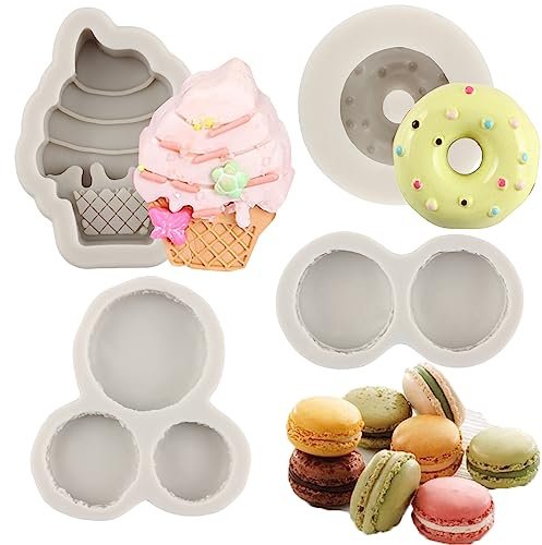 Sijiangmold Ice Cream Donut Silicone Molds Macaron Fondant Molds For Cupcake Topper Cake Decorating Chocolate Candy Polymer Clay Gum Paste Set Of 4