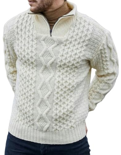 TEidea Maglione Uomo Magione A Maglia all'Uncinetto retrò per Uomini - Calore Invernale, Spesso Ed Elegante, Dolcevita con Cerniera-01 Bianco-M