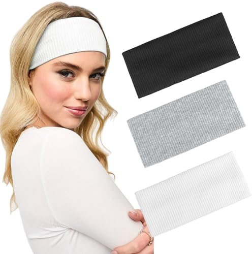 Blooms Stirnband Damen Dünn - 3 Stück Warmes Stirnband Kinder Mädchen - Elastische Weich Stirnbänder - Haarband Frühling Herbst Winter Rutschfest Sport Headbands (Schwarz Weiß Grau)