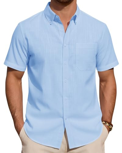 J.VER Men's Short Sleeve Linen Shirts Shrink Free Button Down Regular Fit Solid Shirt Casual Lightweight Summer Beach Shirts Tops with Pocket