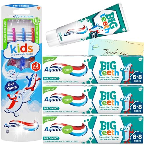 Kids Toothpaste Bundle with 3 Pack Big Teeth 6-8 Years 50ml Each and Kids Toothbrushes (Pack of 3) with Glameno Thank You Card