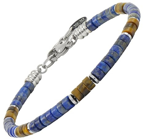 10:10 Bracelet pour homme, pierres dures naturelles, 4 mm, acier inoxydable, bracelet réglable, fabriqué en Italie, Regolabile, Pierres naturelles Lapis Lazuli et Oeil de Tigre, Acier Inoxydable