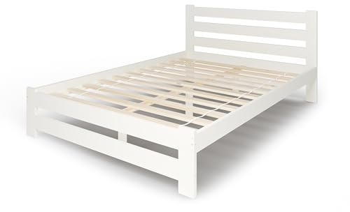 Home Collective Holzbett 120x200 cm mit Lattenrost Modern Bett Kiefer Massiv Bettgestell Doppelbett Massivholzbett Klassisch Komfortabel & Langlebig Skandinavisch Boho Landhaus Kopfteil hoch weiß