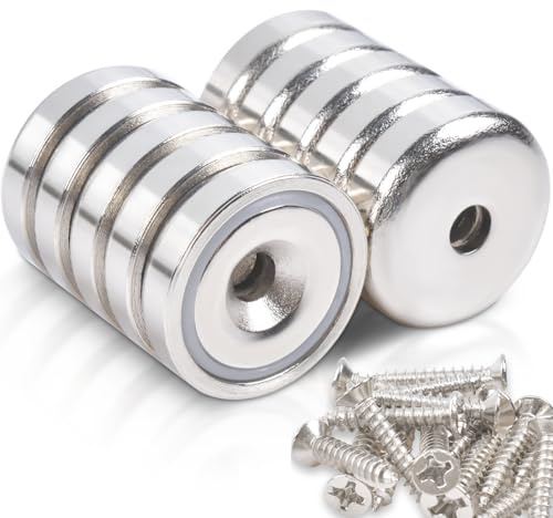 10 stycken neodymmagneter extra starka, 10 kg, kraft, 20 x 7 mm, med hål och kapsel, kruka med försänkta skruvar, magneter, starka för kök, kylskåp, badrum, magnettavlor, kontor