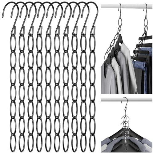 NiHome Space Saving Hangers 10-Pack, Metal Chain Organizer for Dorm, Black | 7-Loop Vertical Design With Anti-Scratch Cap, Foldable And Portable For Travel, Wrinkle-Reducing Heavy Duty Construction