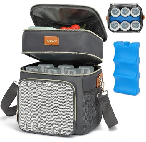 TUGUAN Breast Milk Cooler Bag Double Layer Insulated Baby Bottle Bag with Ice Packs for Storage & Feeding Fits 6 Bottles Leak-Proof Small Lunch Coolers Portable for Travel Nursing Moms, Grey