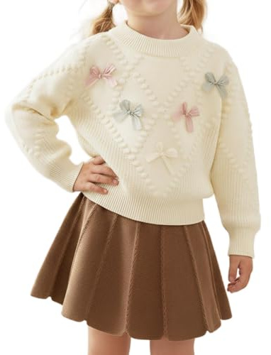 JiAmy - Set di vestiti per bambina con maglietta a maniche lunghe con fiocco e gonna plissettata, invernale, casual, per ragazze di 2-6 anni, Beige, 4 anni