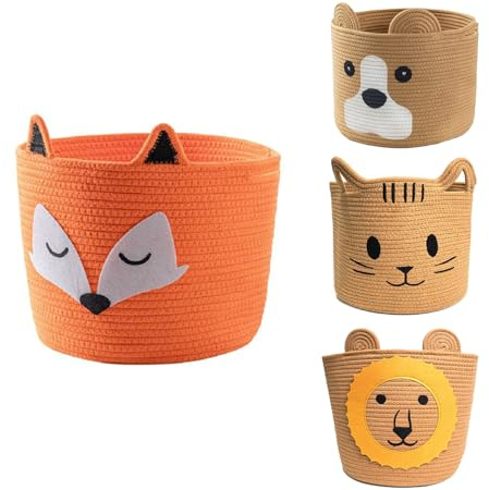 VOLTICO Animal Cotton Rope Toy Basket, 30x30cm Foldable Woven Baby Storage Basket,Kallax Compatible,Versatile Storage Boxes for Nursery Organization (FOX)