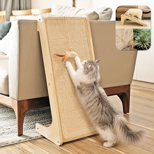 PETKARAY Griffoir Double Usage pour Chat, Colonne à Griffer en Sisal en Forme de L de 68 cm de Hauteur, Tapis à Griffer pour Chats, Griffoir pour Mur et Angle (avec Herbe à Chat et Jouet Souris)