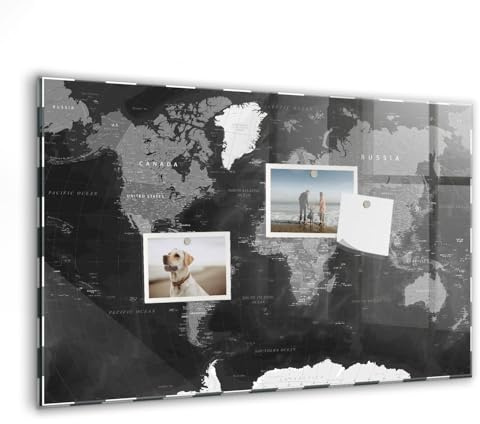 Tableau magnétique verre | Tableau effaçable à sec et résistant aux rayures | Idéal pour bureau, cuisine et planification - 60x40cm - Carte du monde en noir