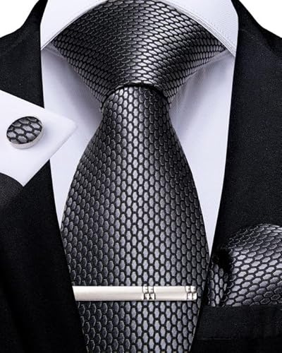 DiBanGu Mens Tie Silk Solid Necktie and Pocket Square Cufflinks Tie Clip Set Classic Formal Ties for Wedding Party