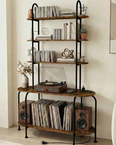 5-Tier CD Storage Rack, Record Player Stand with Storage, DVD Organizer Shelf with Adjustable Book Stoppers, Media Storage Rack for CD/DVD, Books, Games, for Living Room, Bedroom, Home Office, Rustic