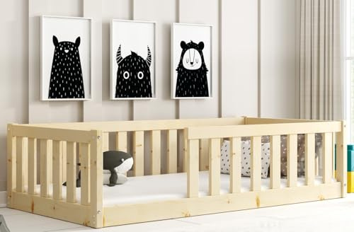 Bella 160x80 spjälsäng med säkerhetsgrind och ribbotten, enkelsäng, Montessorisäng, spjälsäng, säng för små barn upp till 120 kg, massiv furu, för pojkar och flickor (Naturlig furu, 160x80)
