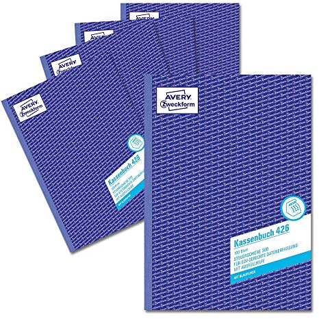 AVERY Zweckform 426-5 Kassenbuch (A4, 100 Blatt, 1 Blatt Blaupapier, nach Steuerschiene 300, EDV-gerechte Datenerfassung, von Rechtsexperten geprüft, für DE, ordnungsgemäße Buchführung) 5er-Pack, weiß