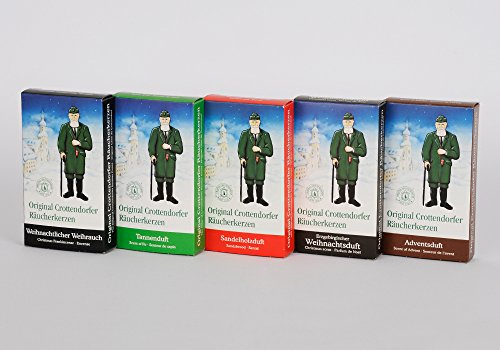 Crottendorfer Räucherkerzen 5er Pack (5 x 24 Stück) – Weihrauch, Tannenduft, Sandelholz, Erzgebirgischer Weihnachtsduft, Adventsduft – Höhe 2,7cm, Ø 1,2cm – 15 Min. Brenndauer pro Räucherkegel