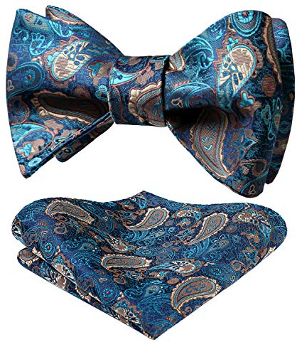 HISDERN Fliege Herren Aqua/Brown Paisley Fliege mit Einstecktuch Set Verstellbare Selbst Herrenfliegen für Bräutigam Hochzeit Party Fasching