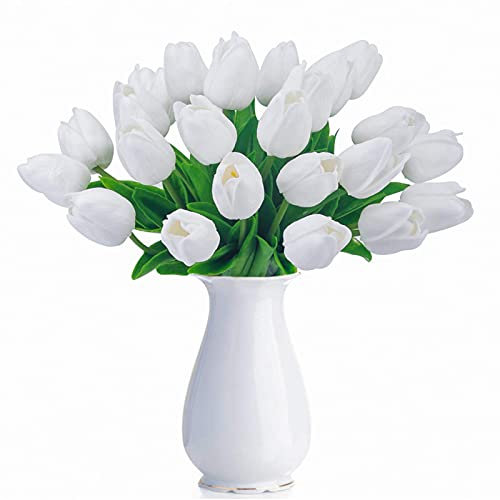 HAOSHICS Tulipanes artificiales falsos de Holanda, ramo de flores de látex para boda, hogar, hotel, fiesta, jardín, multicolor, 10 unidades (blanco)