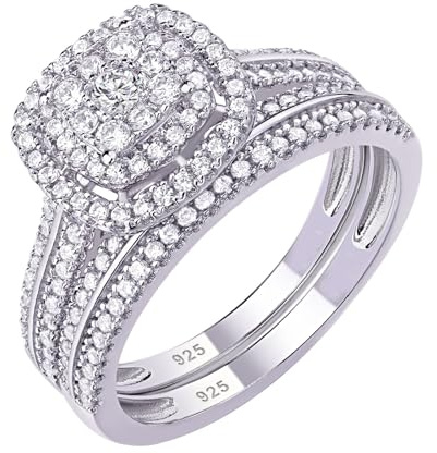 SHELOVES 925 Sterling Silver Bridal Set Rings Wedding Rings Set for Women Halo Round Cz Sz P