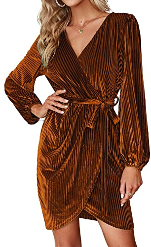 BerryGo Women's Fall Long Sleeve Wrap Semi Formal Velvet Mini Dress Sexy Cocktail Party Winter Prom Dress Burnt Orange M