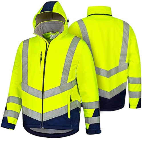 Safetytex Warnschutz Softshelljacke - Wind- und Wasserdicht - Atmungsaktiv - Hoch Sichtbar - Arbeitsjacke in gelb/marine - Größe XL