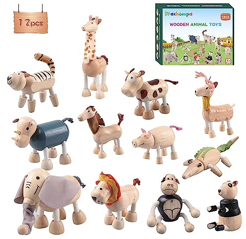 12PCS Bendable Wooden Animal Toys, Fun and Posable Animal Toys for Early Education, Smooth Natural Wood, Safari Farm Wood Animals Learning Toy for Kids