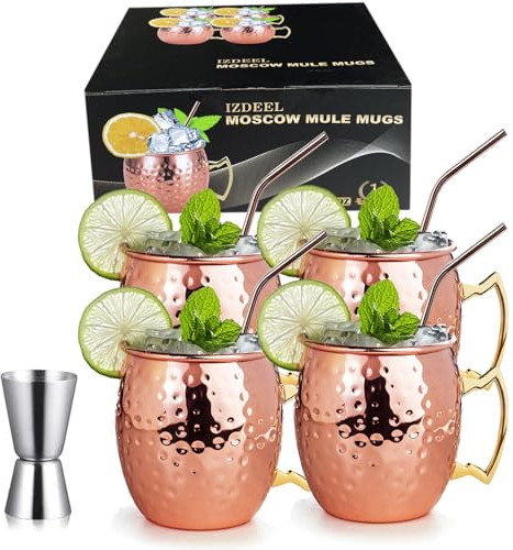 izdeel Vasos Moscow Mule Cobre Mug Copas de Cóctel, para Cócteles, Vodka, Bebidas Frías, Hogar, Bar, Fiesta, San Valentín, Navidad, Año Nuevo, Cumpleaños, Regalos Caja (4 Tazas, 4 Pajitas y Jigger)