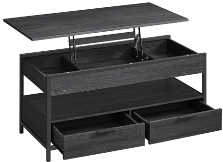 VASAGLE Lift Top Coffee Table, Living Room Table, with Storage Drawers, Hidden Compartments, and Open Shelf, Charcoal Grey and Ink Black LCT209B22