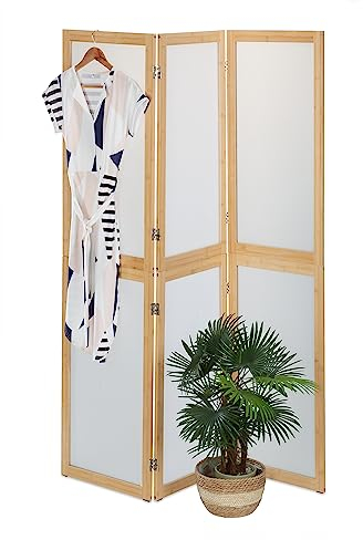 Relaxdays Paravento a 3 Pannelli, 180x136,5 cm, Divisore bambù e Plastica, Separé Ambienti Interni, Naturale Bianco