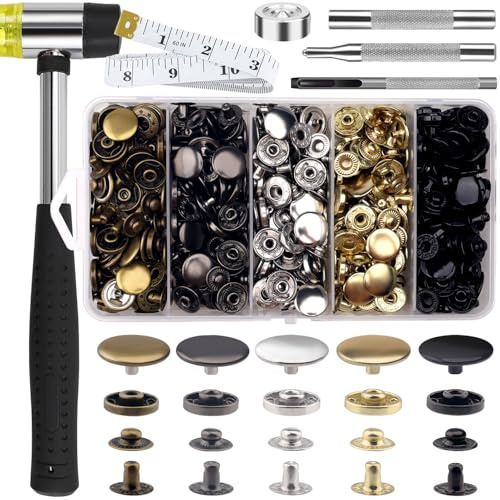 Bouton pressant, ensemble de 507 Boutons Pressant, Kit Bouton Pressant 15 mm, Boutons Avec Base en 5 Couleurs, Outil Poinçonnage, Outil Pointu, Outil Concave Couture Approprié le Cuir, les Jeans
