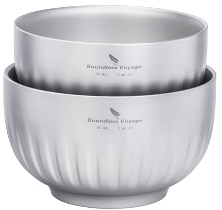 iBasingo Bol de camping en titane 350 ml et 500 ml à double paroi ultra léger pour soupe et riz, vaisselle portable en métal pour randonnée, voyage, avoine et nourriture durable (Ti1166T)
