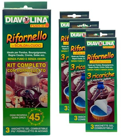 SET RIFORNELLO: Kit Completo con Fornelletto e 3 Ricariche + 3x Confezioni da 3 Ricariche di Gel Combustibile Ideale per Fondue, Bourguignonne, Bagna Cauda, Creme, Salse, Senza Fumo e Senza Odori