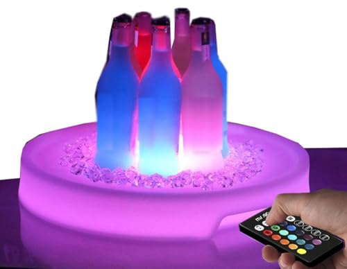 Plateau de service lumineux à LED, plateau de collations à LED en plastique étanche rechargeable de forme ronde, télécommande, plateau de bar à vin rouge 16 boissons colorées, plateau à champagne aux
