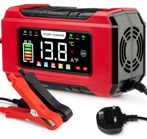 15-Amp Car Battery Charger 12V/24V, Aptliton Intelligent Car Battery Charger with 9-Stage Charging, LCD Display For Car, Truck, Motorbike, Boat - Compatible with Lead-Acid, AGM, EFB, LiFePO4 Batteries