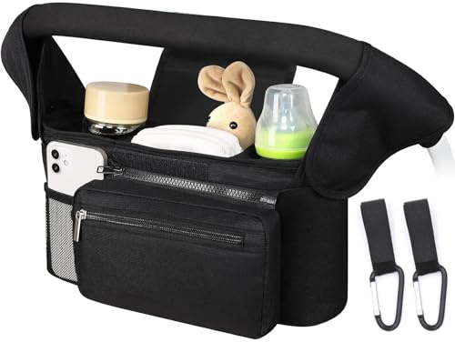 Baby Pushchair Organiser,Baby Pram Bag Stroller,2 Insulated Cup Holder, Large Capacity, Detachable Zippered Pocket, Adjustable Shoulder Strap & Non-Slip Hooks - Fits Any Pram Handlebar (Black)