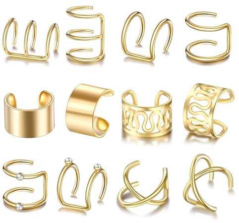 12PCS Gold Ear Cuff, Non Piercing Ear Cuffs for Women and Girls, Adjustable Clip On Cartilage Earrings, Fashion Jewelry for and Special Occasions, Clip on Hoop Earrings, Fake Piercings, Fake Earrings