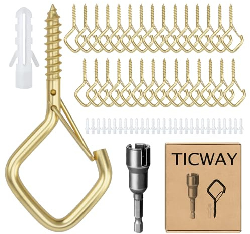 Ticway 30 Pcs Outdoor Hooks for String Lights,Screw Hooks for Hanging Plants,Ceiling Hooks with Safety Buckle,Square Hanger for Wind Chimes,Bird Feeder,Lanterns,Christmas Decorations Gold