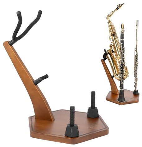 STRICH Wooden Saxophone Stand Display For Alto Tenor Sax, Handmade Solid Wood Floor Stand Holder Colour Walnut, Weighted Heavy Base Sax Stand with 2 Flute/Clarinet Holders