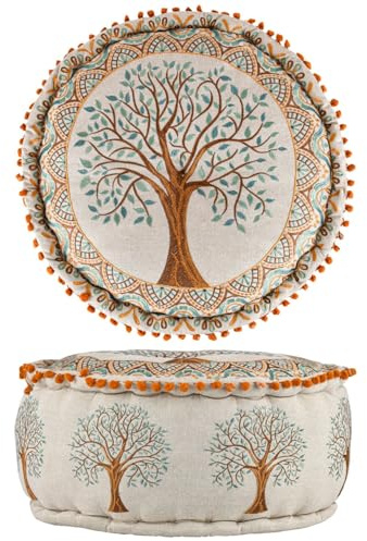 Marrakesch Pouf Sitzkissen rund 50 x 25 cm mit Füllung | Orientalischer Hocker Sitzhocker Guansha aus Baumwolle Bestickt mit Baum des Lebens Motiv | Boho Sitzpouf als Wohnzimmer Schlafzimmer Deko
