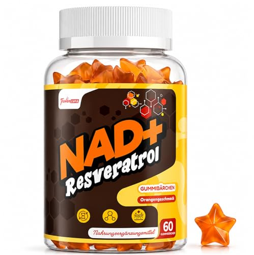Gommes NAD+ 1310 mg avec Resvératrol, TMG, Collagène Marin Hydrolysé et Extrait de Poivre Noir, Complément NAD+, Saveur Orange (60 Unité (Lot de 1))