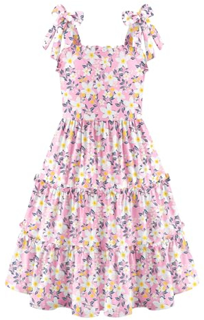 Arshiner Vestido para Niñas Tirantes de Lazo Verano Algodón Elegante Vestido Fiestas sin Mangas de Corte en A para Niñas de 5-14 Años